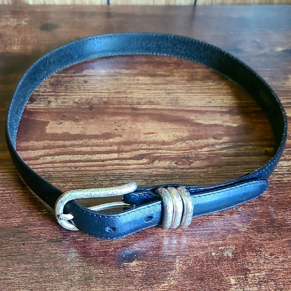 Elegant Brighton Black Leather Belt with Silver Plated Hardware